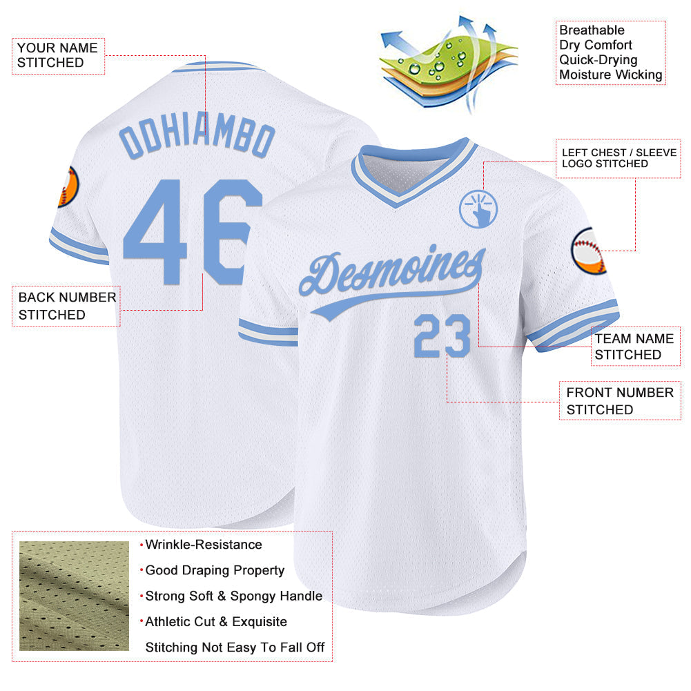 Custom White Light Blue Authentic Throwback Baseball Jersey baseball jersey product view 3