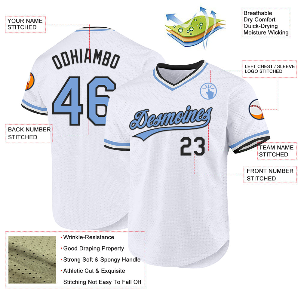 Custom White Light Blue-Black Authentic Throwback Baseball Jersey baseball jersey product view 3