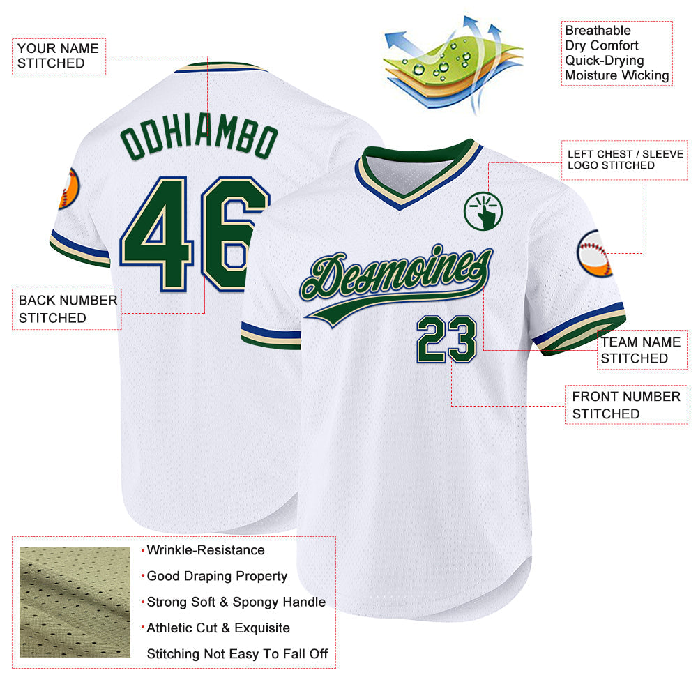 Custom White Green Cream-Royal Authentic Throwback Baseball Jersey baseball jersey product view 3