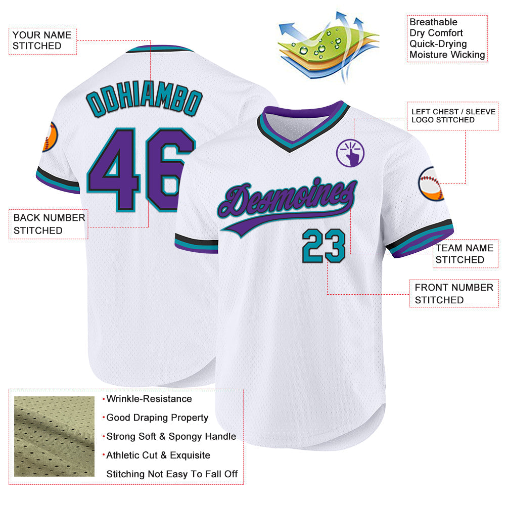 Custom White Purple Black-Teal Authentic Throwback Baseball Jersey baseball jersey product view 3