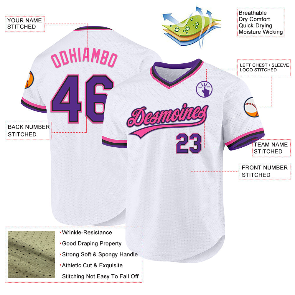 Custom White Purple Black-Pink Authentic Throwback Baseball Jersey baseball jersey product view 3
