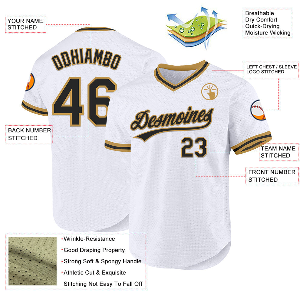 Custom White Black-Old Gold Authentic Throwback Baseball Jersey baseball jersey product view 3