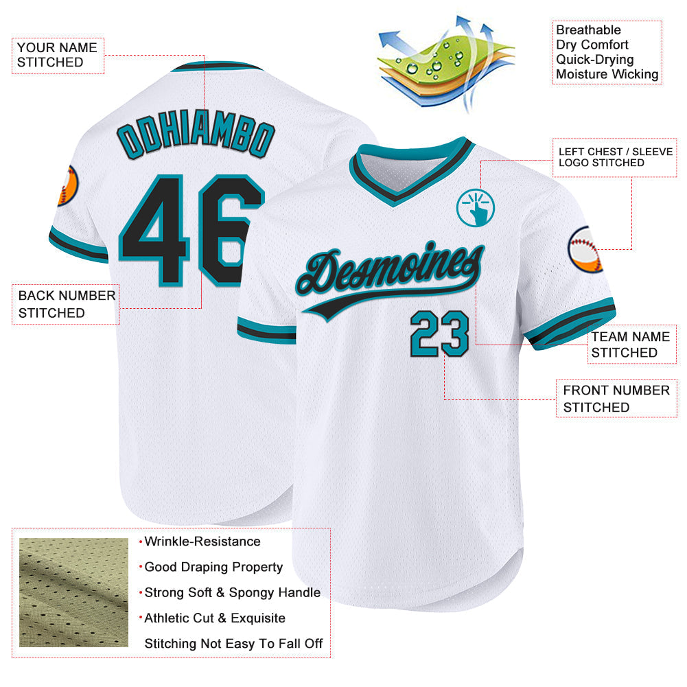Custom White Black-Teal Authentic Throwback Baseball Jersey baseball jersey product view 3