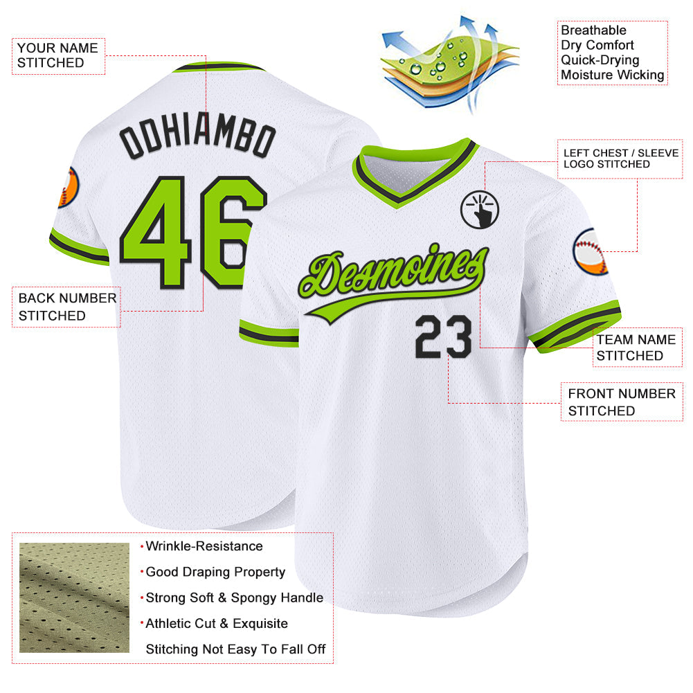 Custom White Neon Green-Black Authentic Throwback Baseball Jersey baseball jersey product view 3