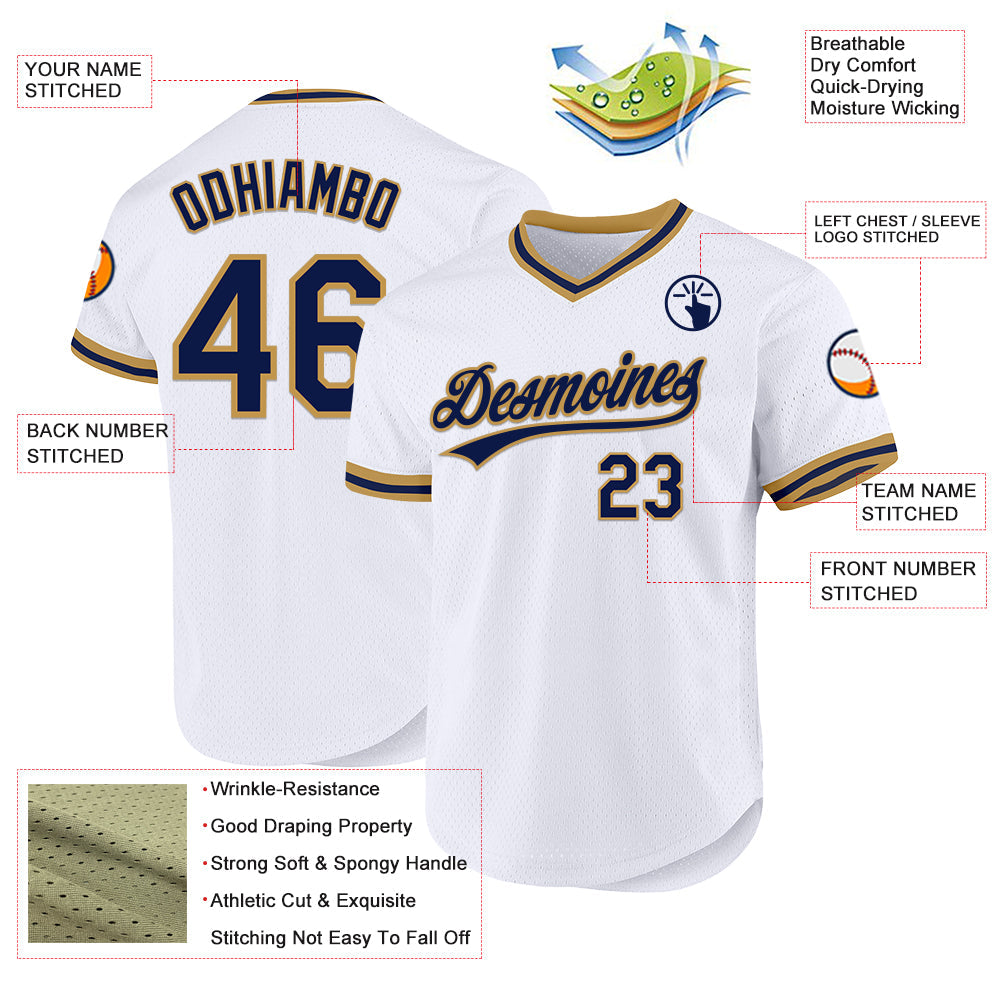 Custom White Navy-Old Gold Authentic Throwback Baseball Jersey baseball jersey product view 3