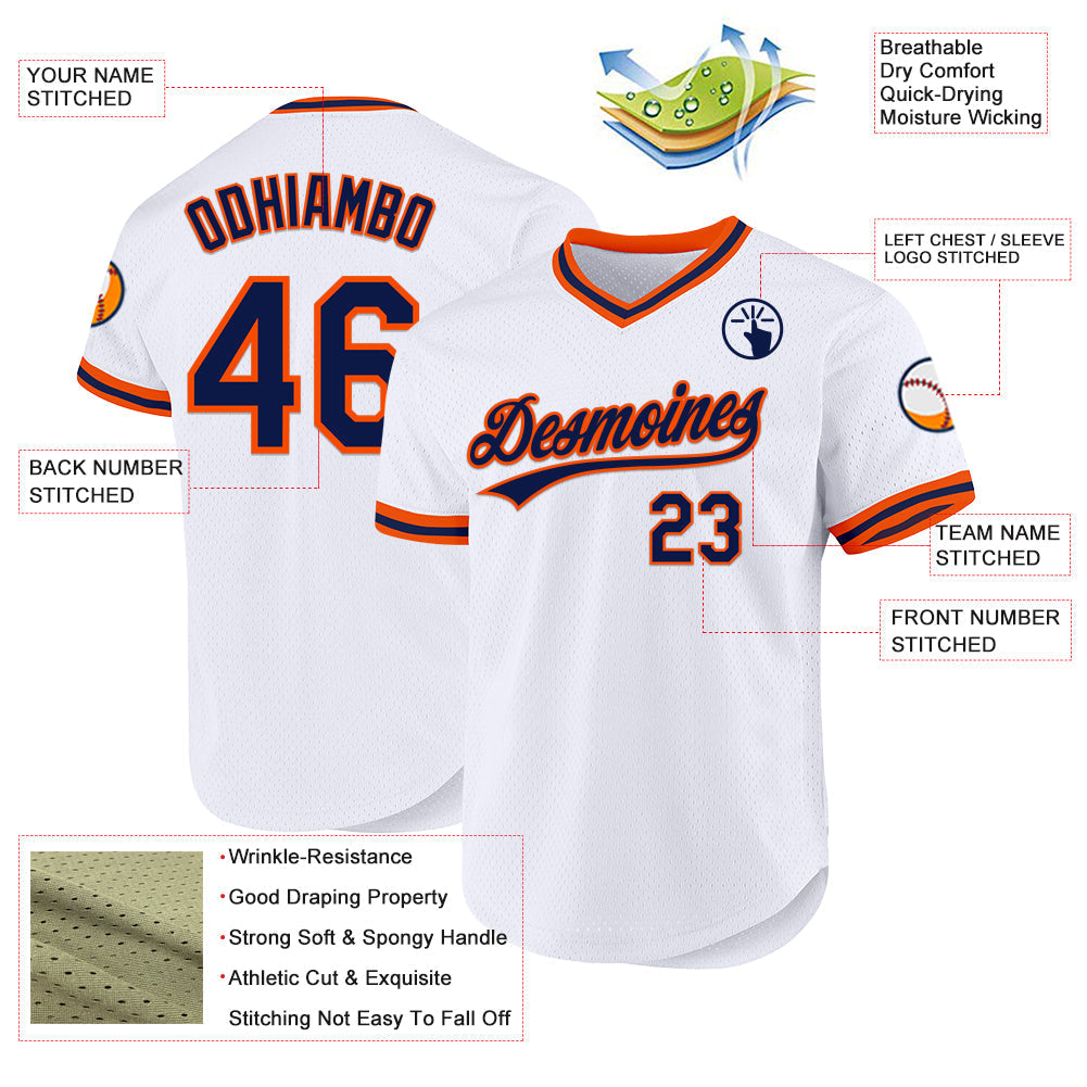 Custom White Navy-Orange Authentic Throwback Baseball Jersey baseball jersey product view 3