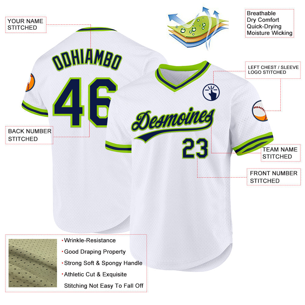 Custom White Navy-Neon Green Authentic Throwback Baseball Jersey baseball jersey product view 3