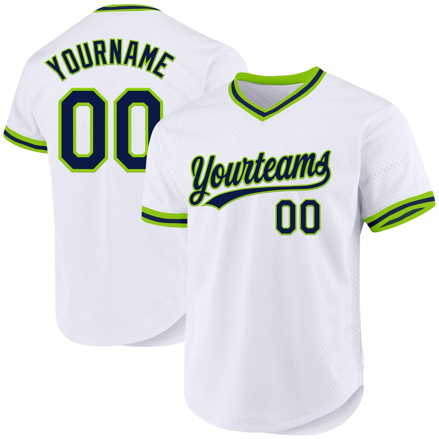 Custom White Navy-Neon Green Authentic Throwback Baseball Jersey baseball jersey product view 1