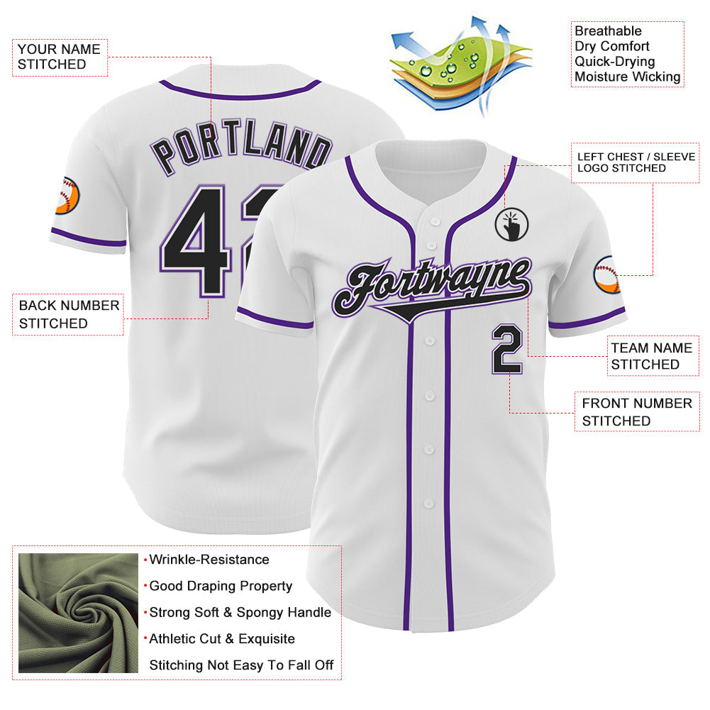 Custom White Black-Purple Authentic Baseball Jersey baseball jersey product view 3