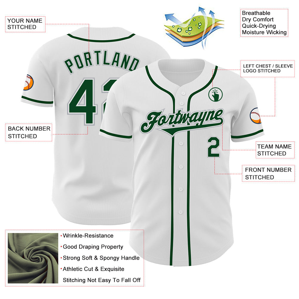 Custom White Green-Gray Authentic Baseball Jersey baseball jersey product view 3