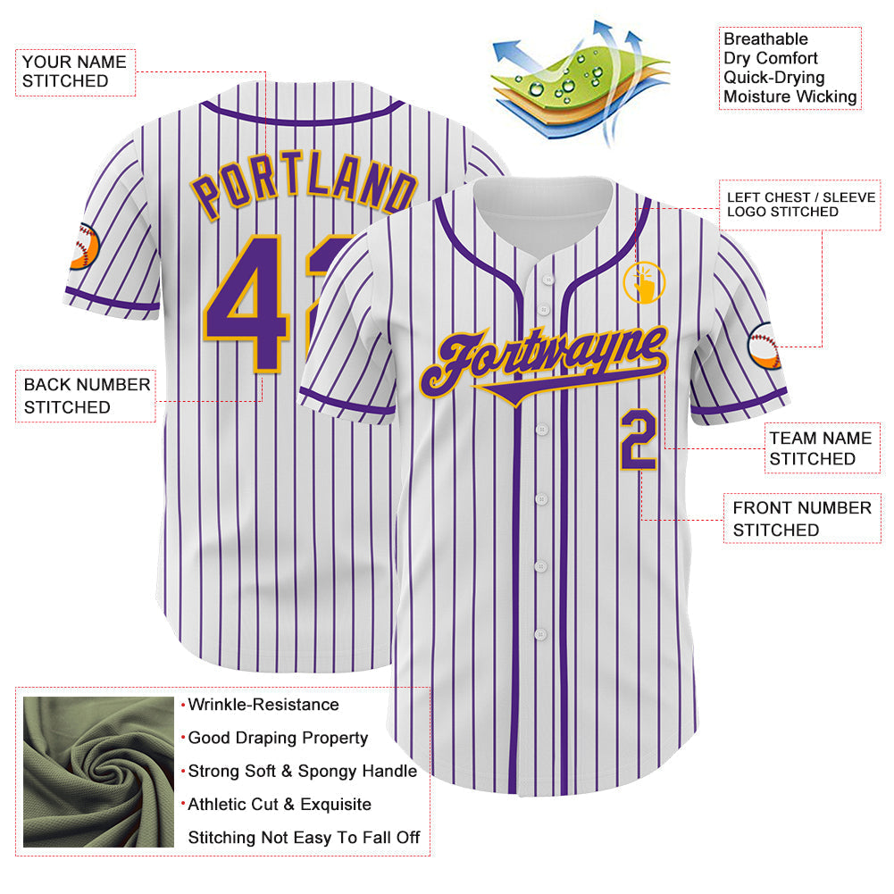 Custom White Purple Pinstripe Gold Authentic Baseball Jersey baseball jersey product view 3