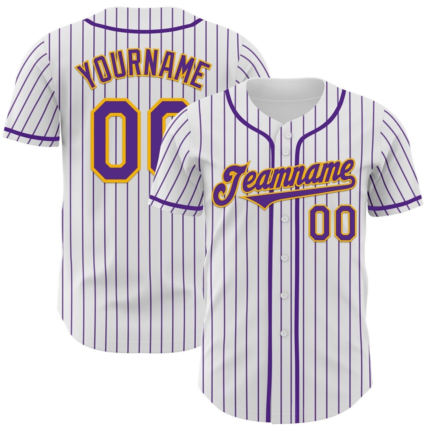 Custom White Purple Pinstripe Gold Authentic Baseball Jersey baseball jersey product view 1