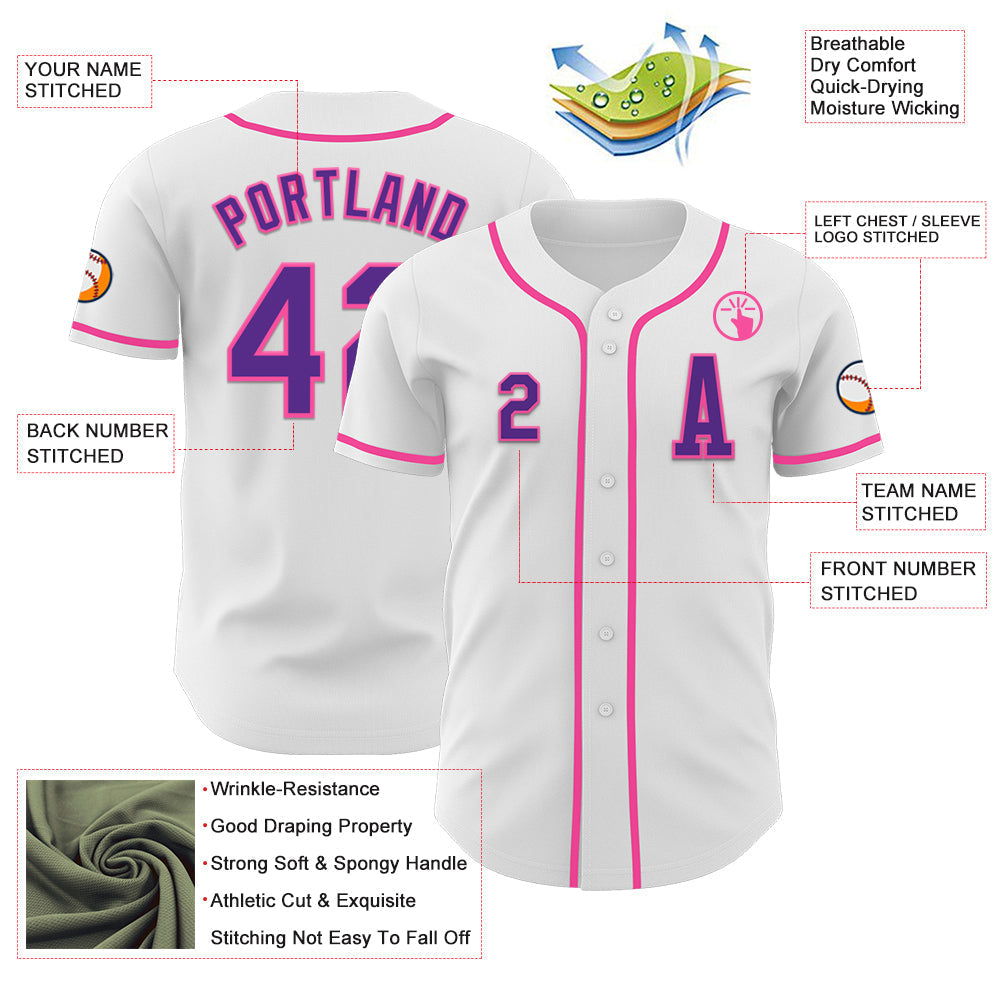 Custom White Purple-Pink Authentic Baseball Jersey baseball jersey product view 2