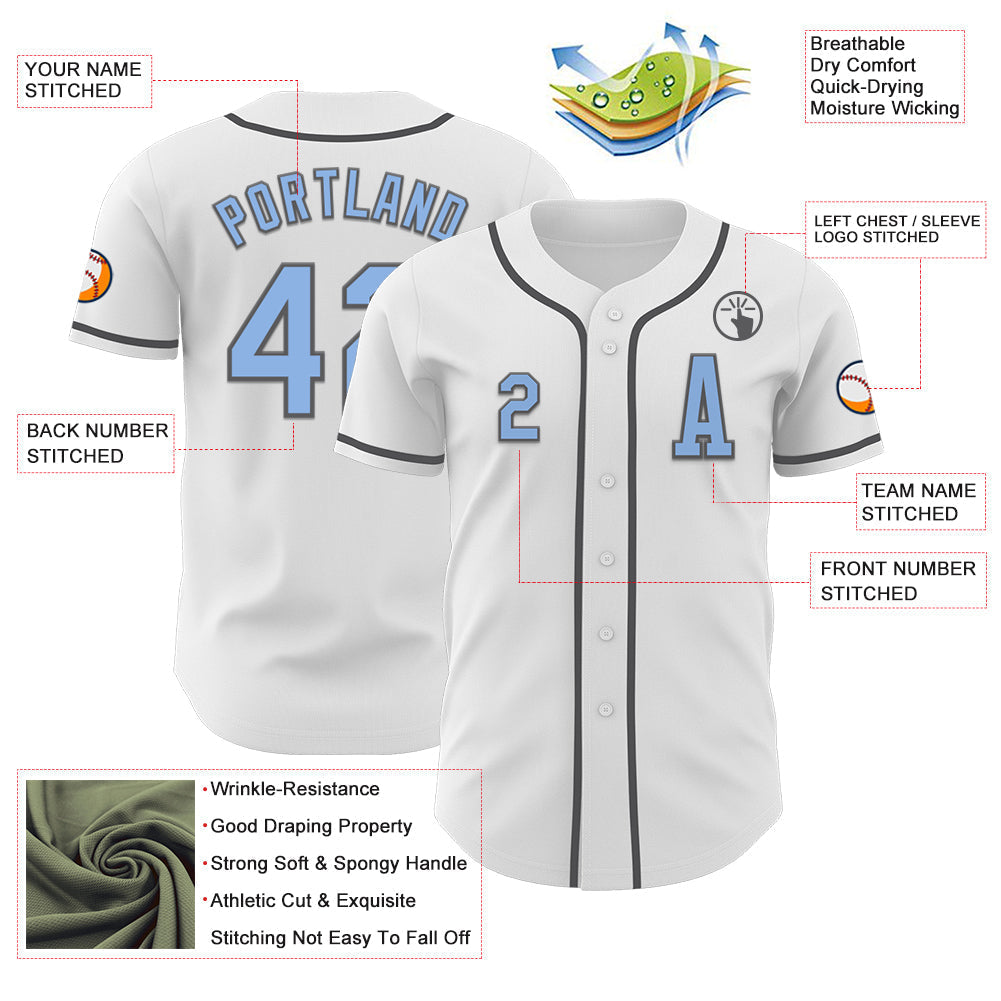 Custom White Light Blue-Steel Gray Authentic Baseball Jersey baseball jersey product view 2