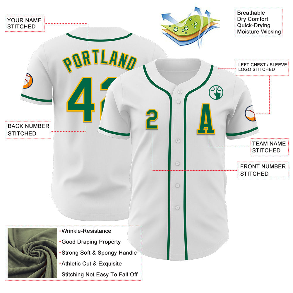 Custom White Kelly Green-Gold Authentic Baseball Jersey baseball jersey product view 2