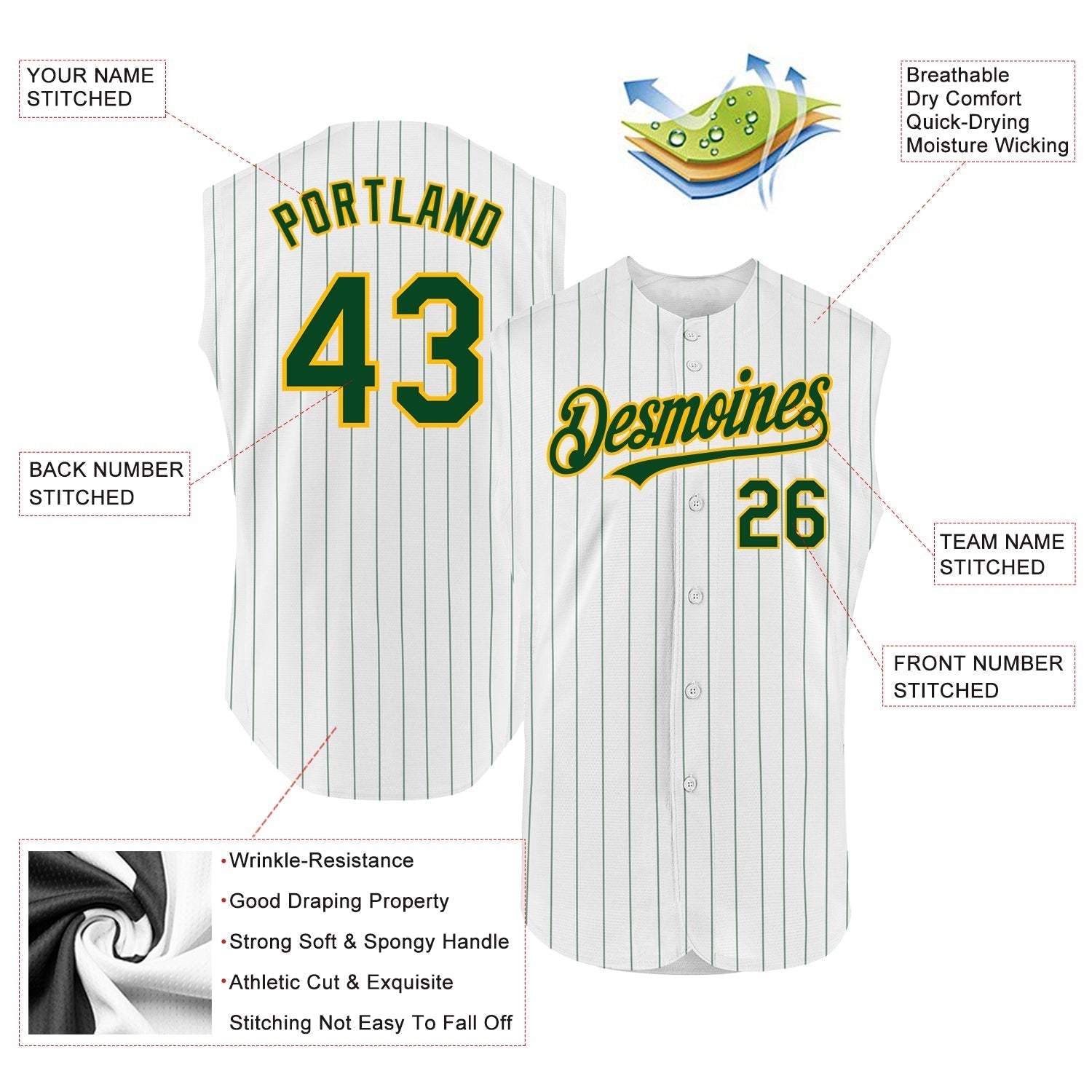 Custom White Green Pinstripe Gold Authentic Sleeveless Baseball Jersey baseball jersey product view 2