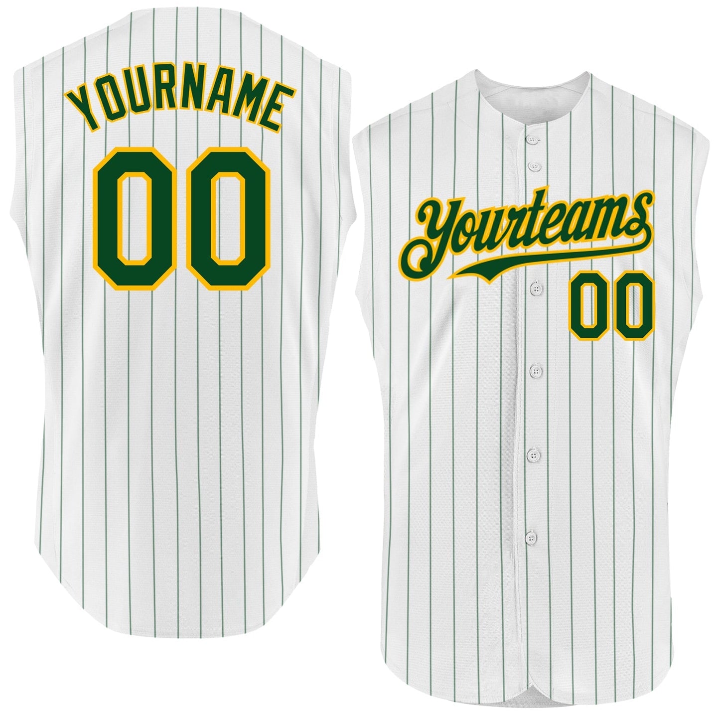 Custom White Green Pinstripe Gold Authentic Sleeveless Baseball Jersey baseball jersey product view 1