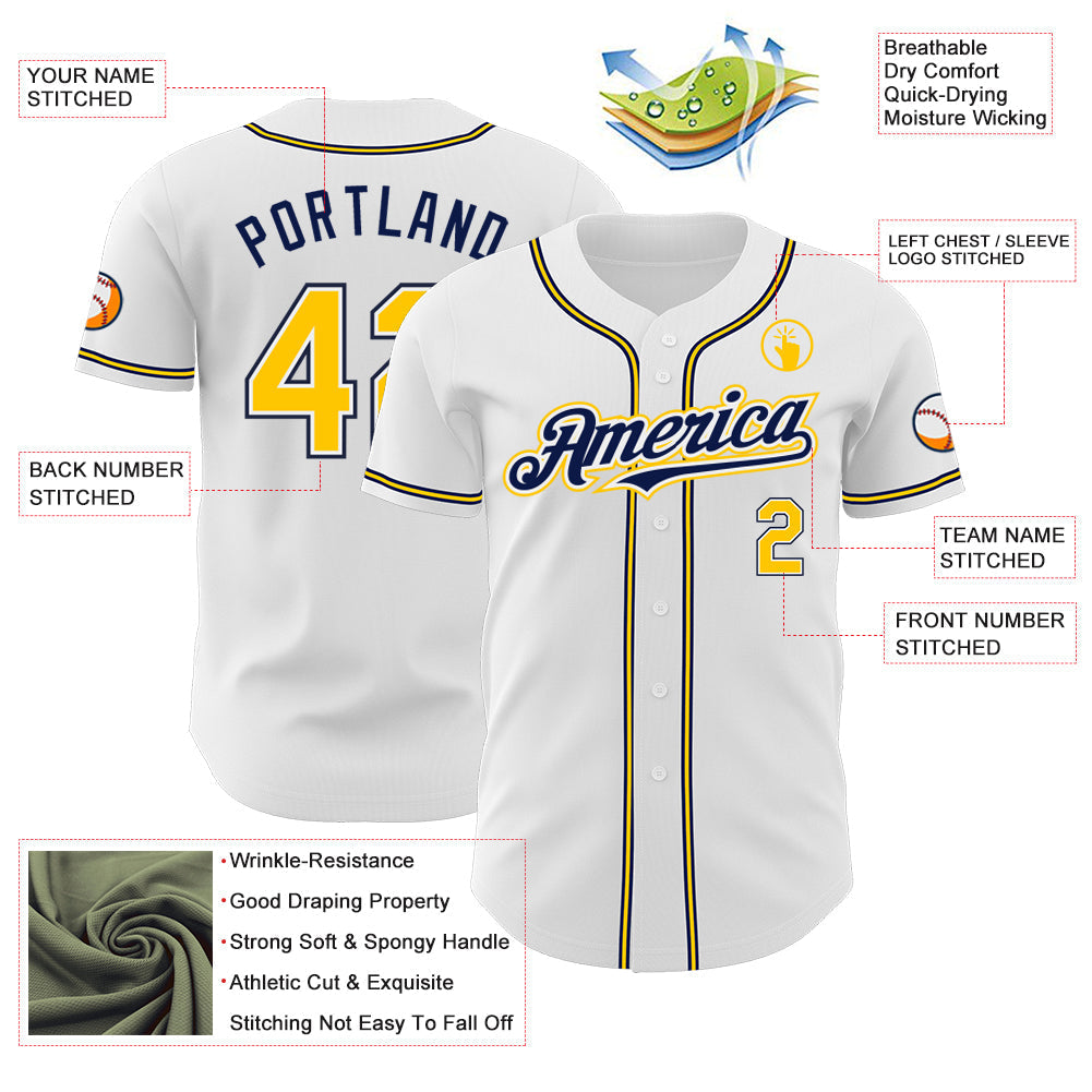Custom White Yellow-Navy Authentic Baseball Jersey baseball jersey product view 3