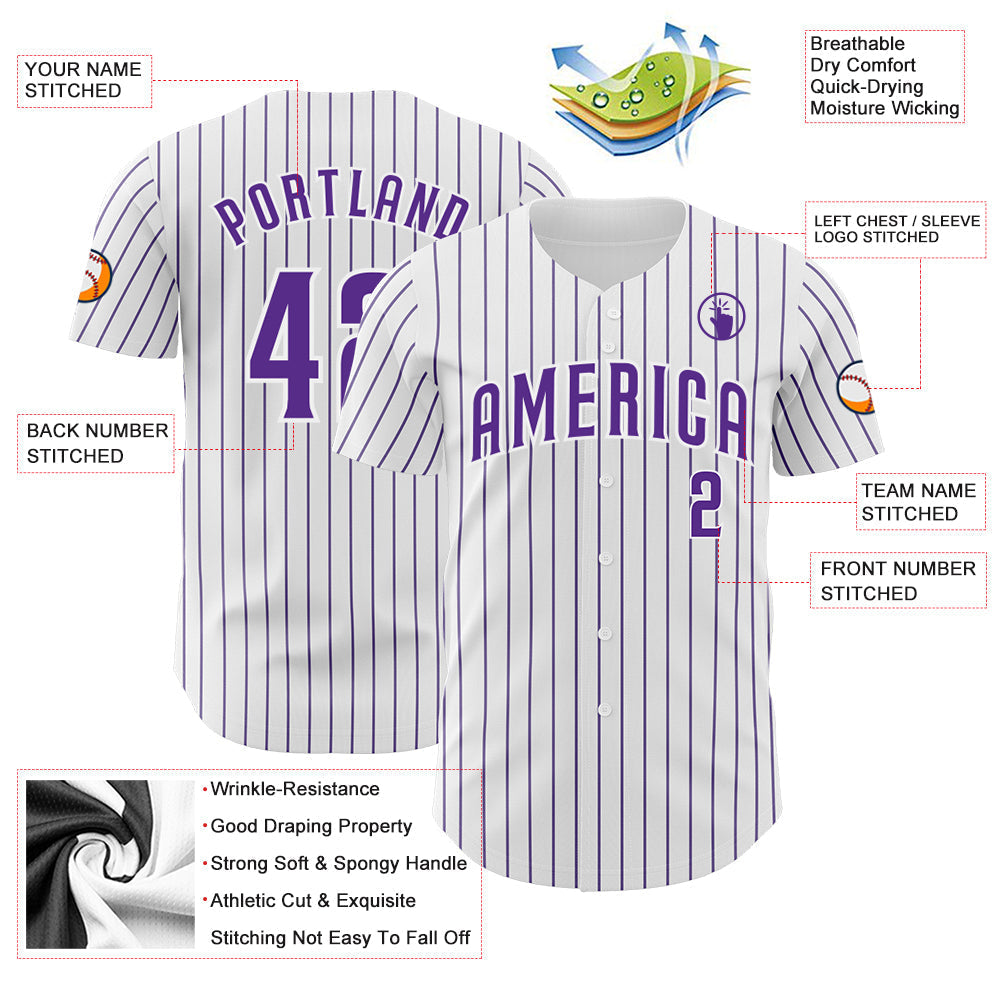 Custom White Purple Pinstripe Purple Authentic Baseball Jersey baseball jersey product view 3