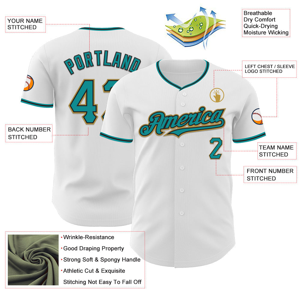 Custom White Teal Black-Old Gold Authentic Baseball Jersey baseball jersey product view 3
