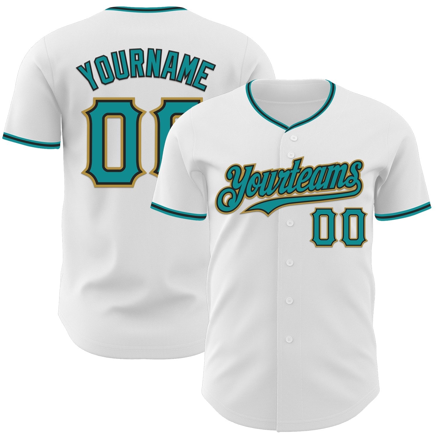 Custom White Teal Black-Old Gold Authentic Baseball Jersey baseball jersey product view 1