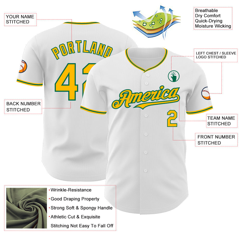 Custom White Gold-Kelly Green Authentic Baseball Jersey baseball jersey product view 3