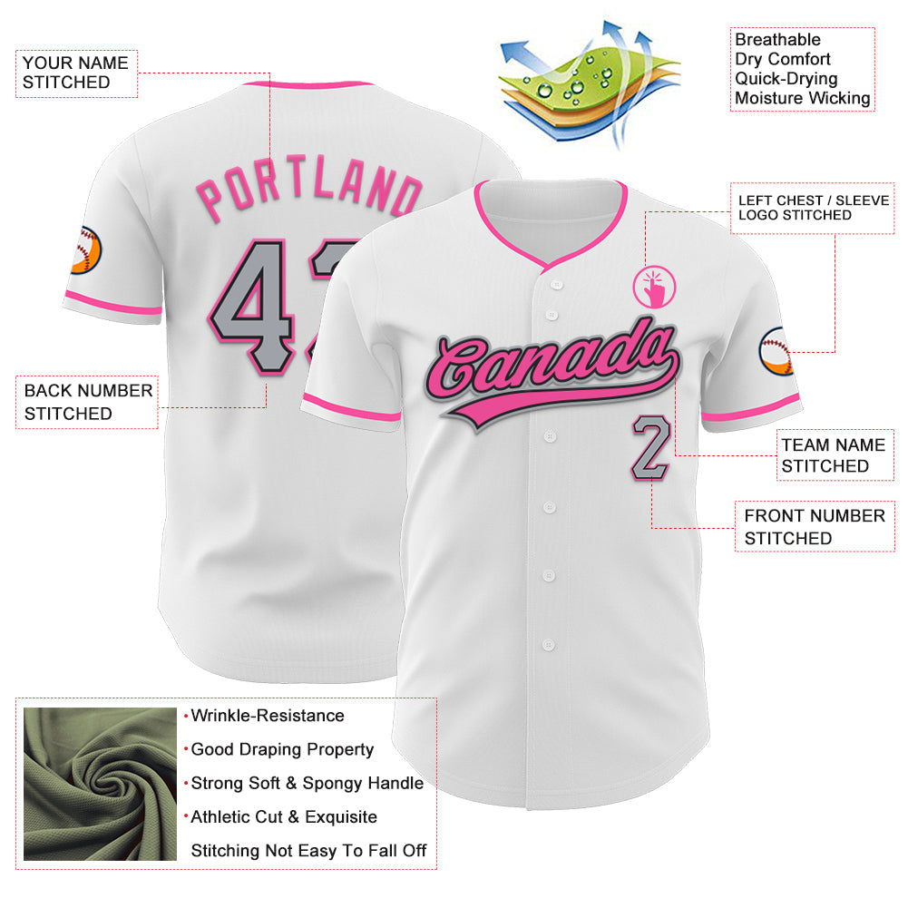 Custom White Gray Black-Pink Authentic Baseball Jersey baseball jersey product view 3