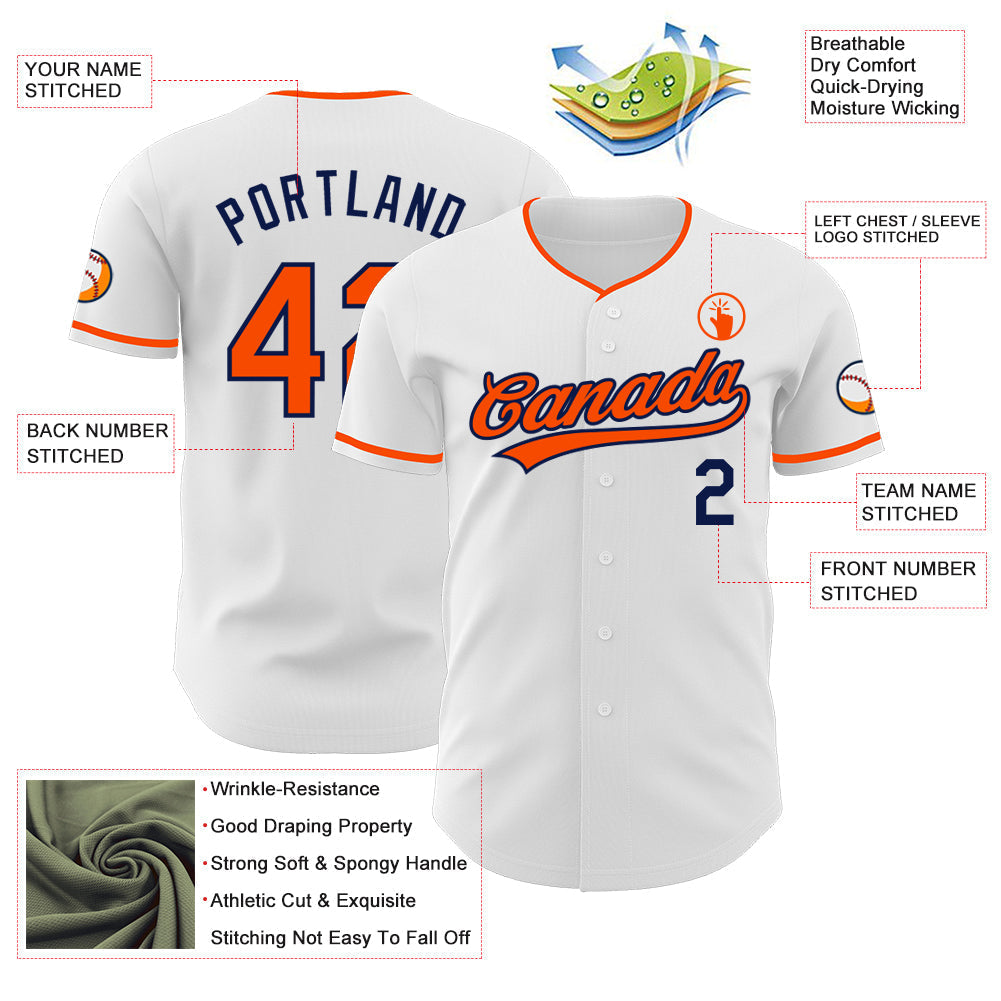 Custom White Orange-Navy Authentic Baseball Jersey baseball jersey product view 3