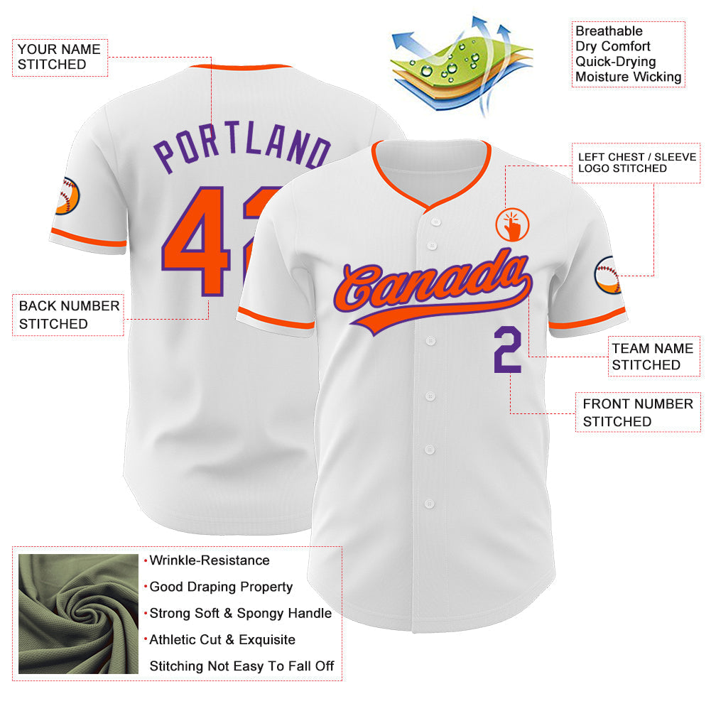 Custom White Orange-Purple Authentic Baseball Jersey baseball jersey product view 3