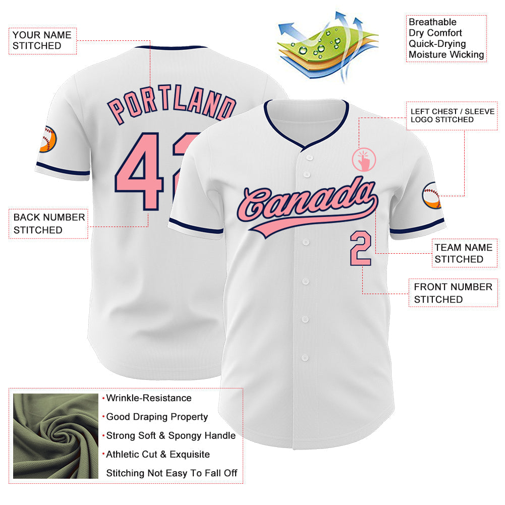 Custom White Medium Pink-Navy Authentic Baseball Jersey baseball jersey product view 3