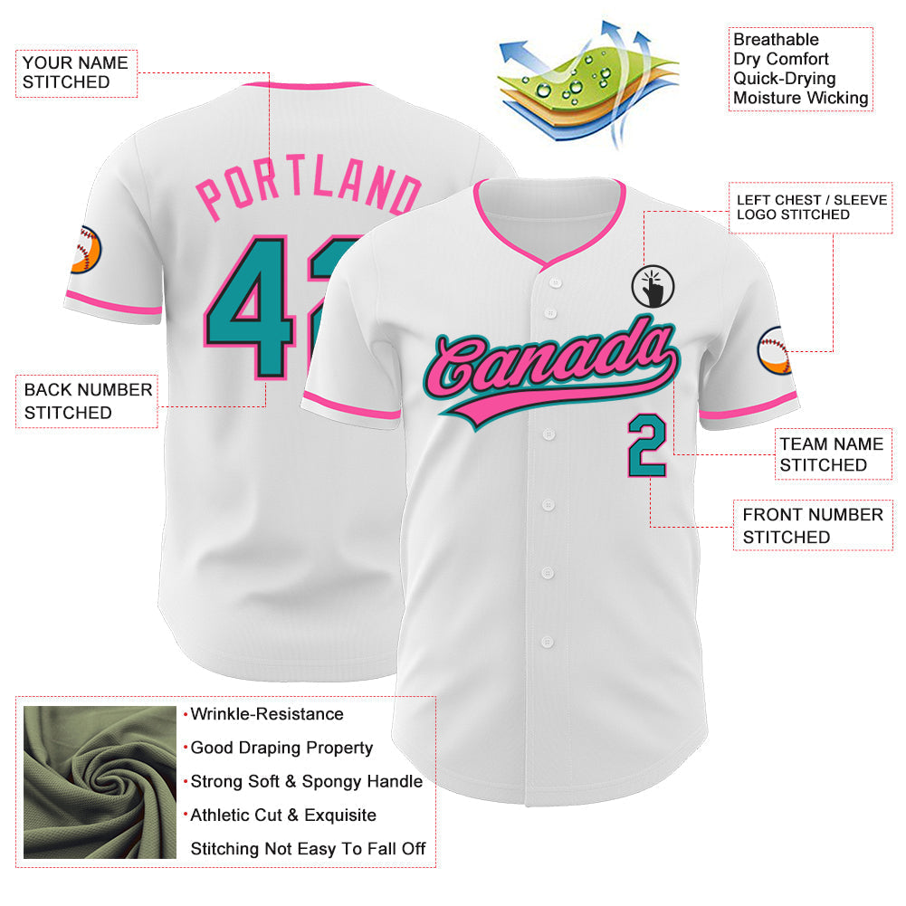 Custom White Teal Black-Pink Authentic Baseball Jersey baseball jersey product view 3