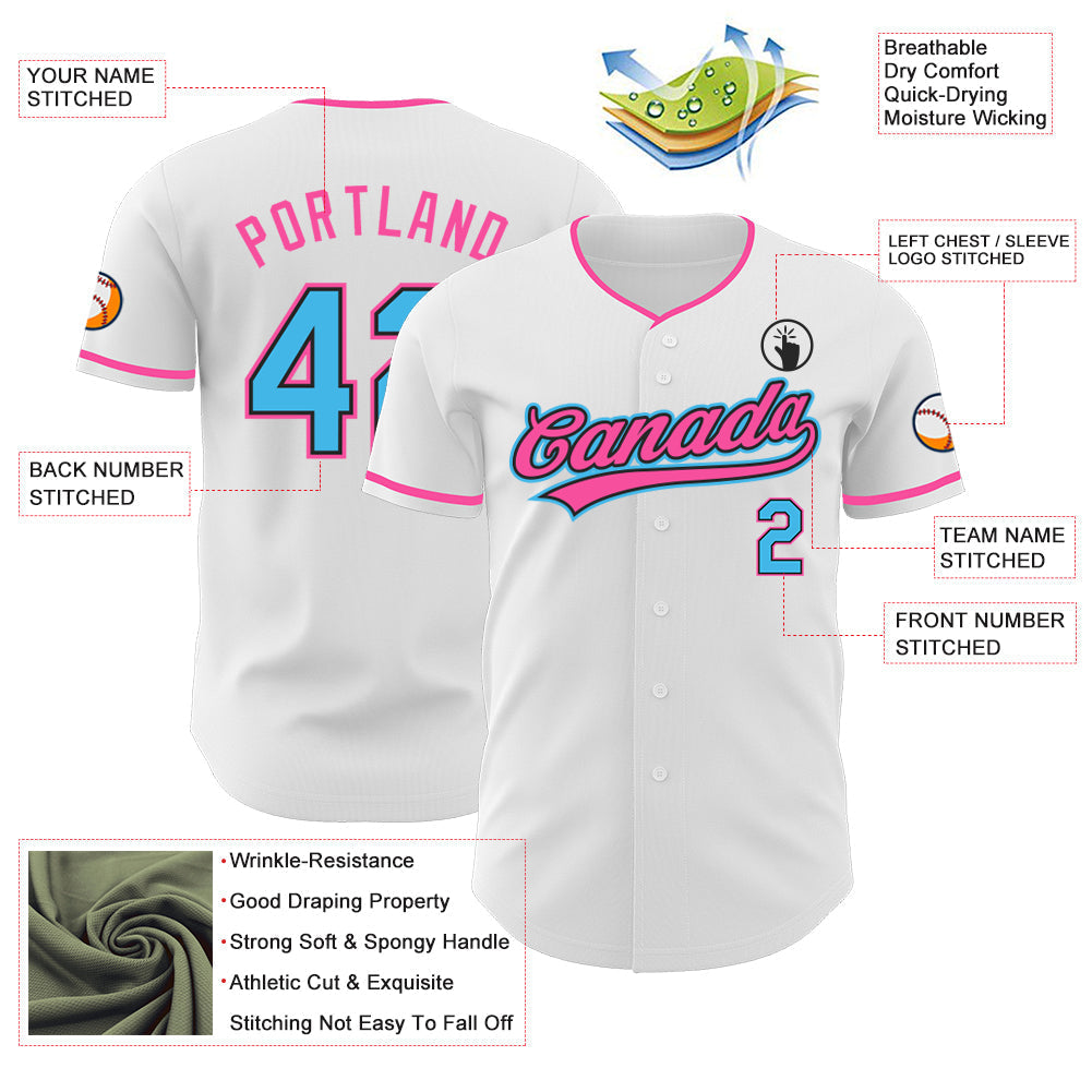 Custom White Sky Blue Black-Pink Authentic Baseball Jersey baseball jersey product view 3