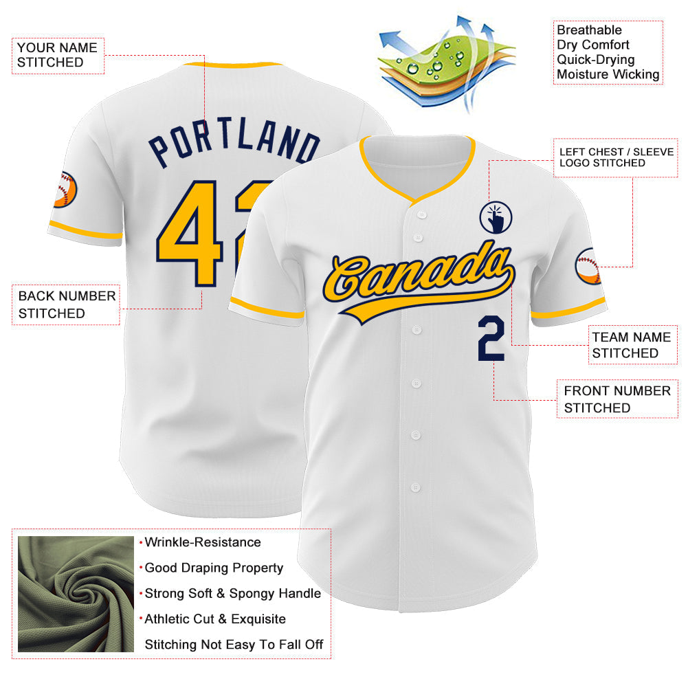Custom White Gold-Navy Authentic Baseball Jersey baseball jersey product view 3