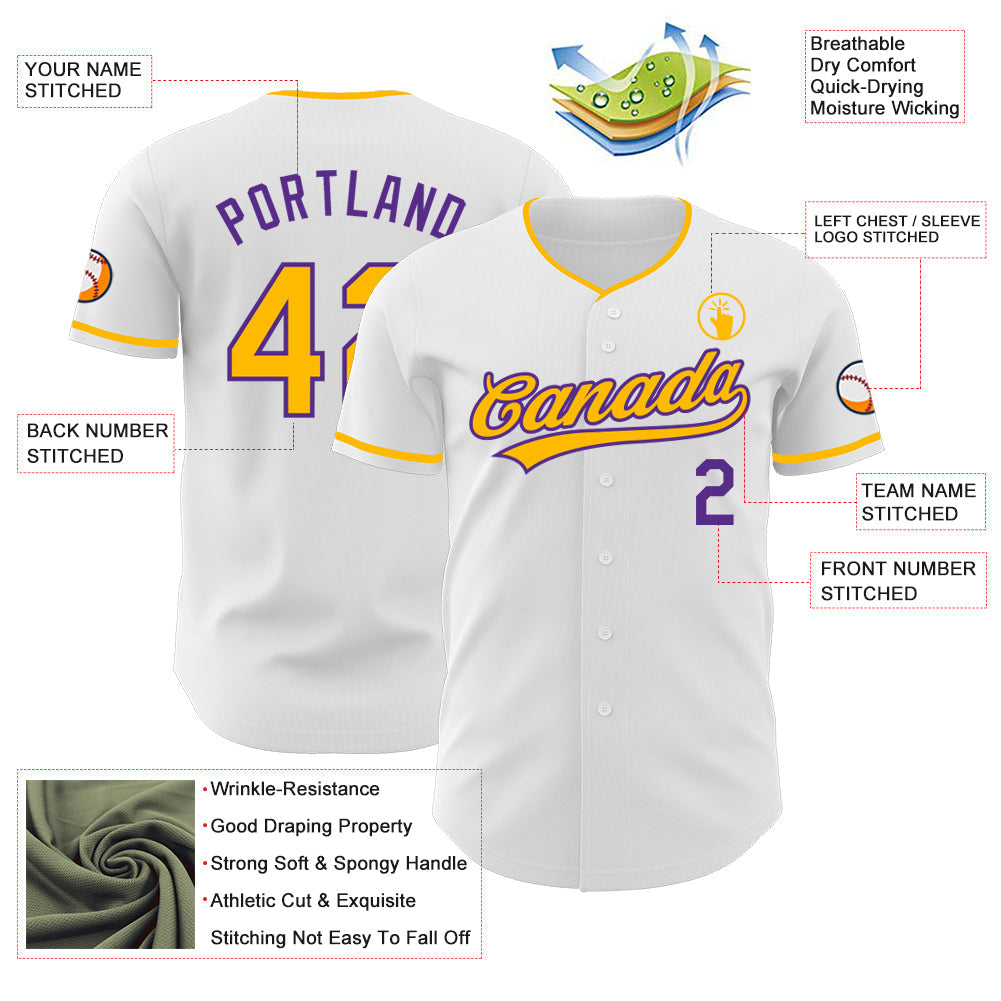 Custom White Gold-Purple Authentic Baseball Jersey baseball jersey product view 3