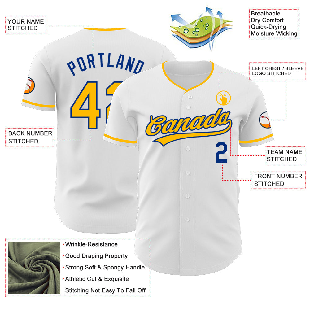Custom White Gold-Royal Authentic Baseball Jersey baseball jersey product view 3