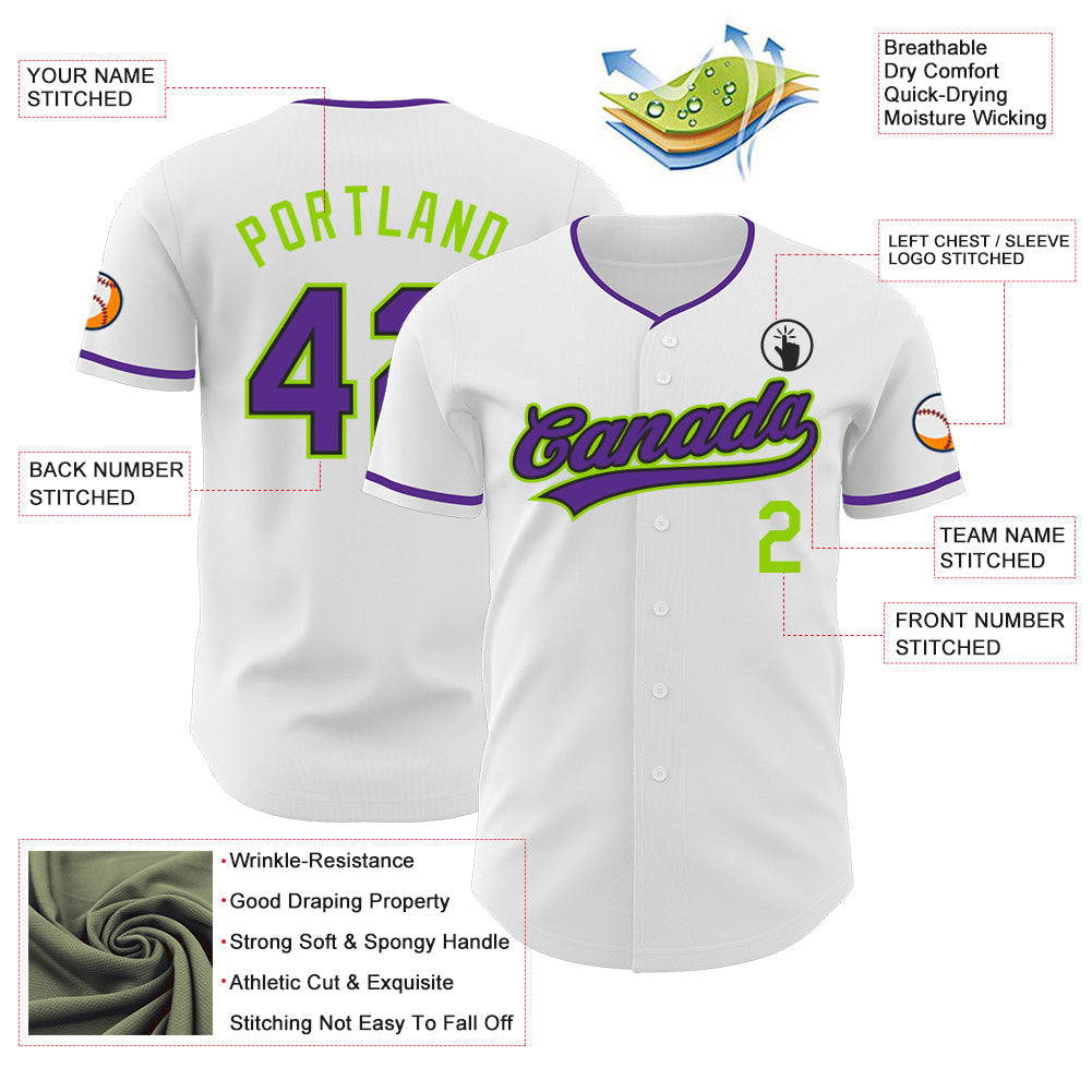 Custom White Purple Black-Neon Green Authentic Baseball Jersey baseball jersey product view 3