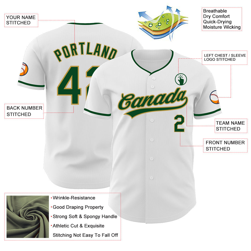 Custom White Green-Old Gold Authentic Baseball Jersey baseball jersey product view 3
