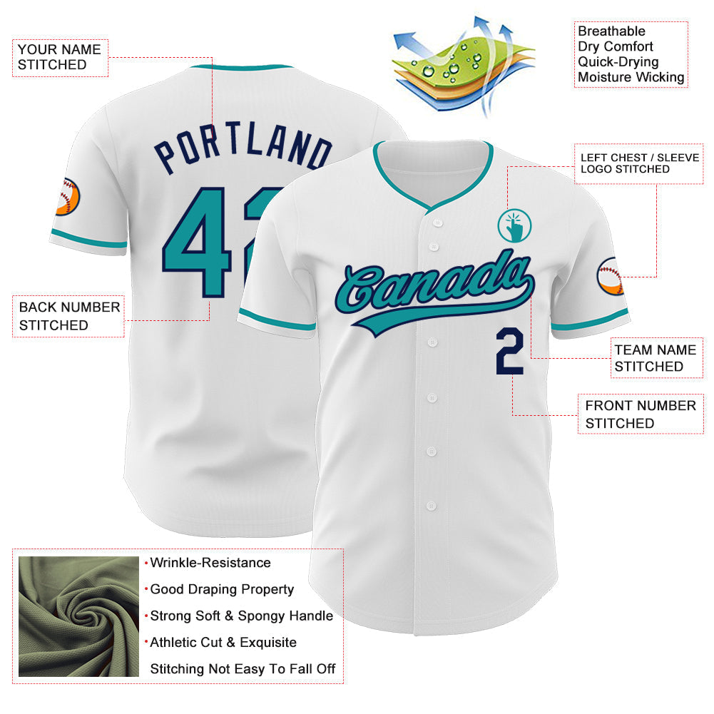 Custom White Teal-Navy Authentic Baseball Jersey baseball jersey product view 3
