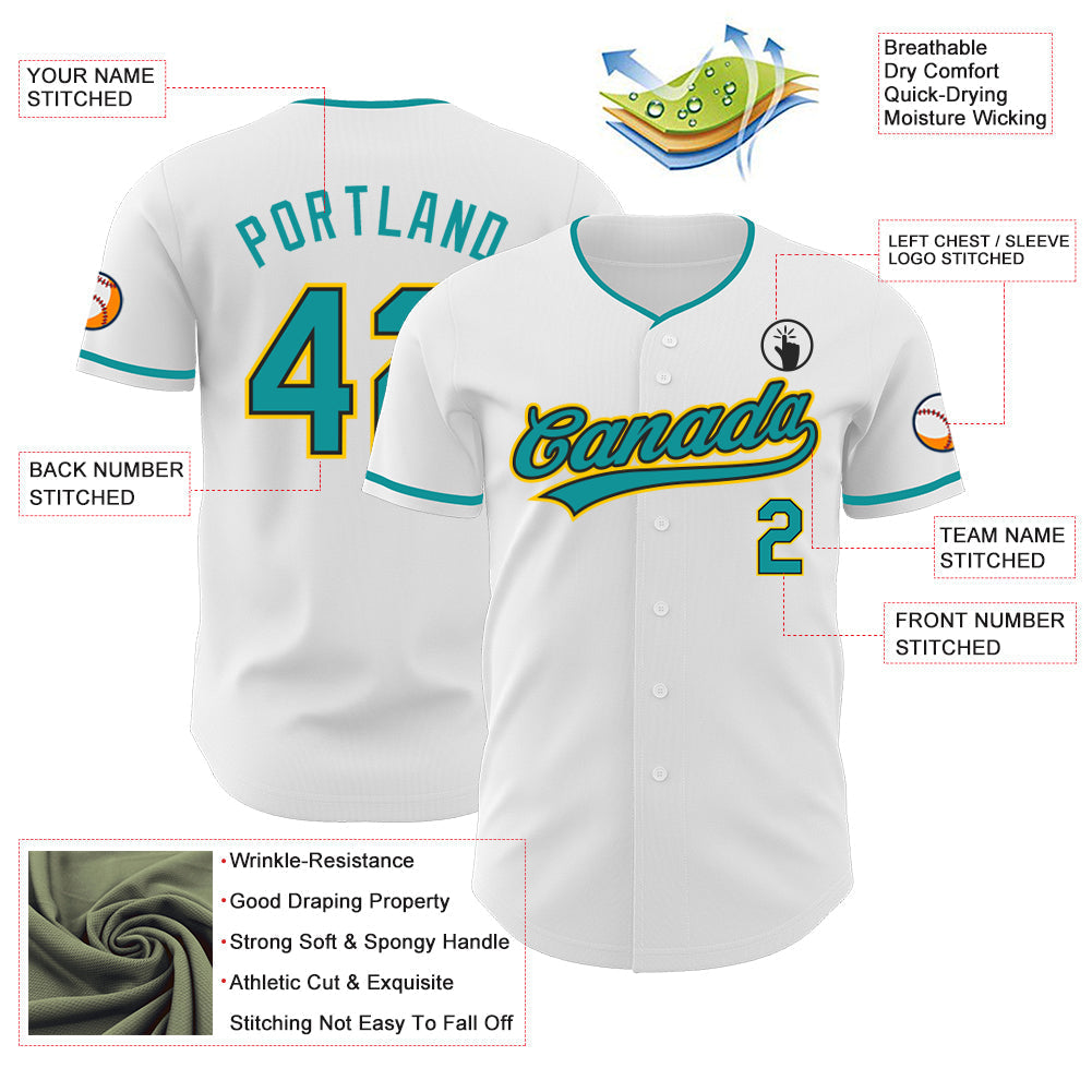 Custom White Teal Black-Yellow Authentic Baseball Jersey baseball jersey product view 3