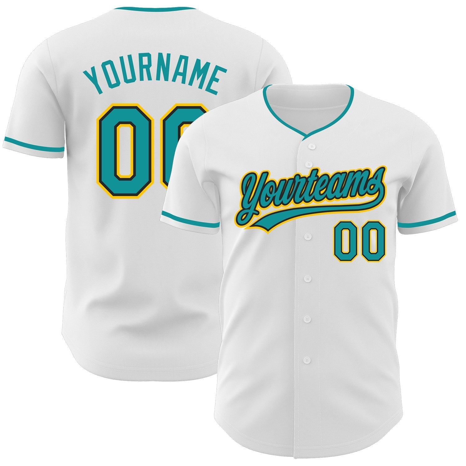 Custom White Teal Black-Yellow Authentic Baseball Jersey baseball jersey product view 1