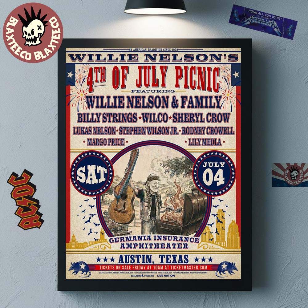 Willie Nelsons 4th Of July Picnic 2026 Show Poster In Austin Texas At Germania Insurance Amphitheater On July 4 2026 With Lineup Poster Canvas - T-Shirt, Sweatshirt, Hoodie