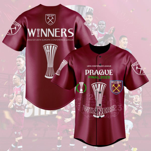 Winners 2023 UEFA Europa Conference League West Ham United Maroon Design Baseball Jersey baseball jersey product view 1