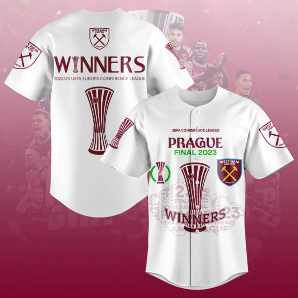 Winners 2023 UEFA Europa Conference League West Ham United White Design Baseball Jersey baseball jersey product view 1