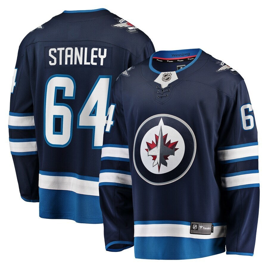 Winnipeg Jets #64 Logan Stanley Home Premier Breakaway Player Jersey - Navy Hockey Jersey hockey jersey product view 1