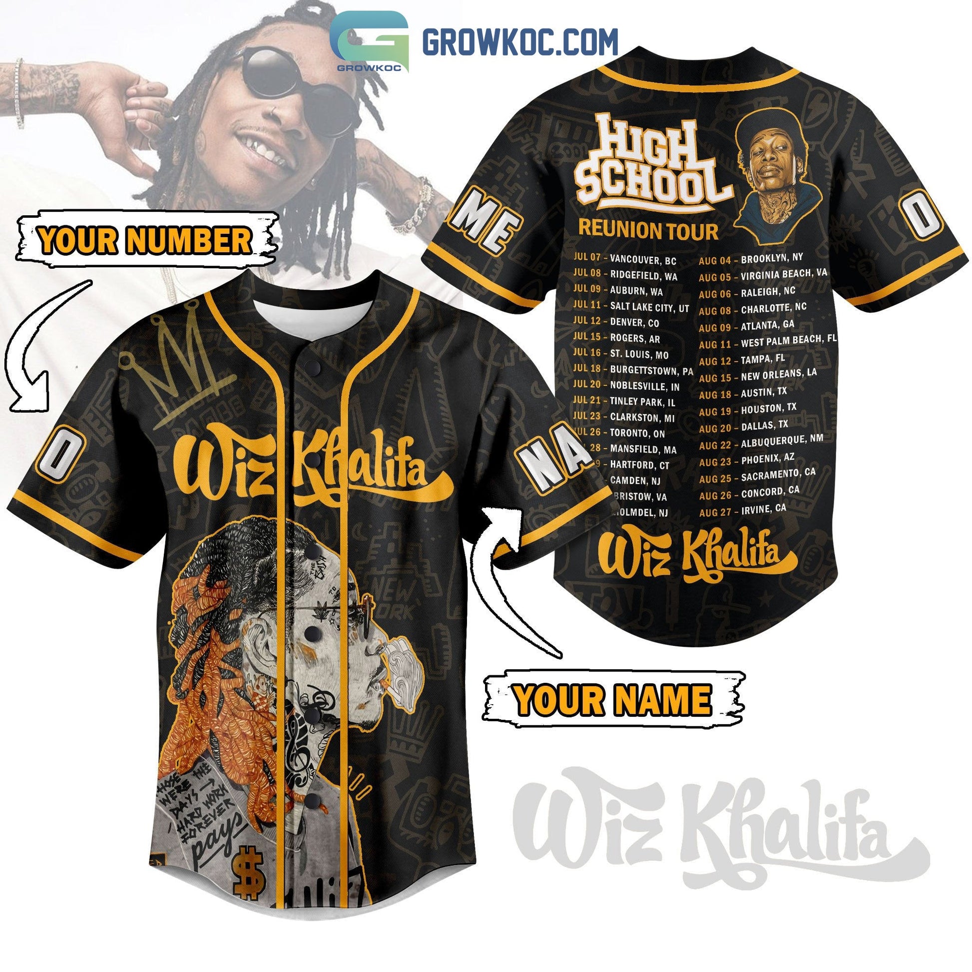 Wiz Khalifa High School Reunion Tour Personalized Baseball Jersey baseball jersey product view 1