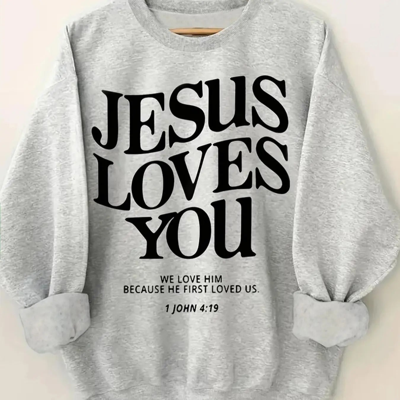 Women'WB shield "JESUS LOVES YOU" Letter Print TNF Lined Crew Neck Sweatshirt, Casual Long Sleeve Pullover for Fall & Winter, Women'WB shield TNF for Daily Wear - T-Shirt, Sweatshirt, Hoodie