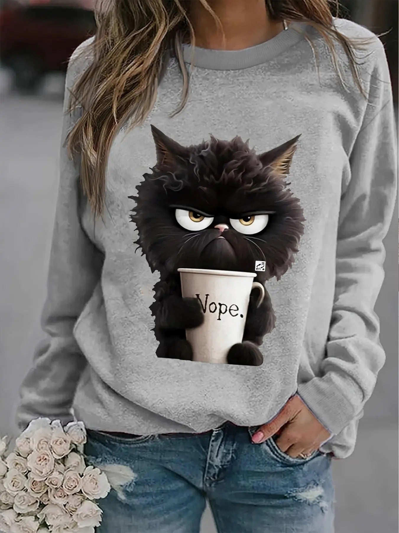 Women'WB shield Angry Cat Print Drop Shoulder Sweatshirt, Casual Long Sleeve Round Neck Pullover for Fall & Winter, Women'WB shield TNF for Daily Wear - T-Shirt, Sweatshirt, Hoodie
