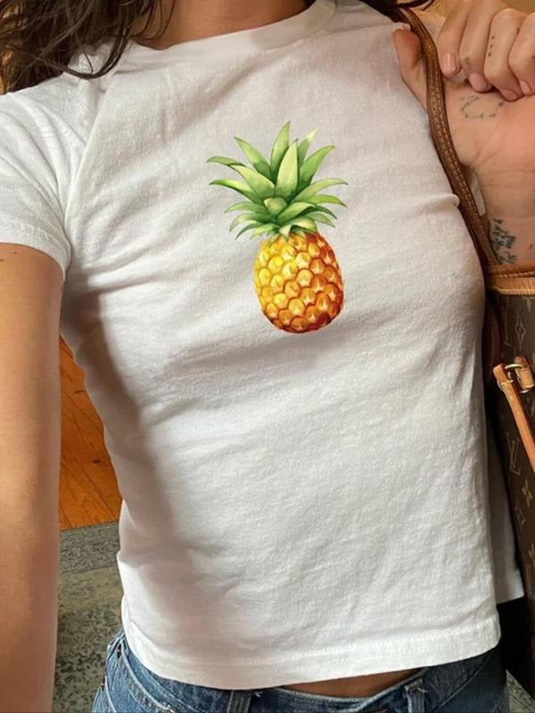 Women'WB shield Bitten fruit Print Round Neck Tee, Fashion Casual Crew Neck T-shirt for Daily Holiday Vacation Outdoor Wear, Ladies TNF for Summer - T-Shirt, Sweatshirt, Hoodie