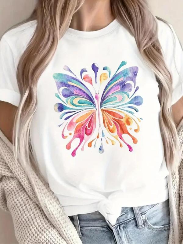 Women'WB shield Butterfly Print Round Neck Tee, Casual Short Sleeve T-shirt for Summer, Fashion Women'WB shield Top for Daily Wear - T-Shirt, Sweatshirt, Hoodie