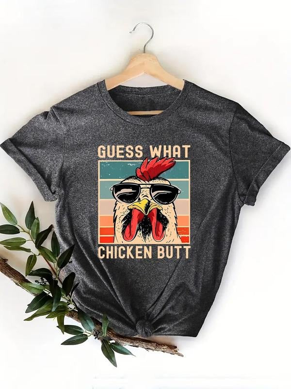 Women'WB shield Cartoon Chicken Print Round Neck Tee, Fashion Casual Letter Print Crew Neck T-Shirt for Daily Holiday Vacation Outdoor Wear, Ladies Summer TNF - T-Shirt, Sweatshirt, Hoodie